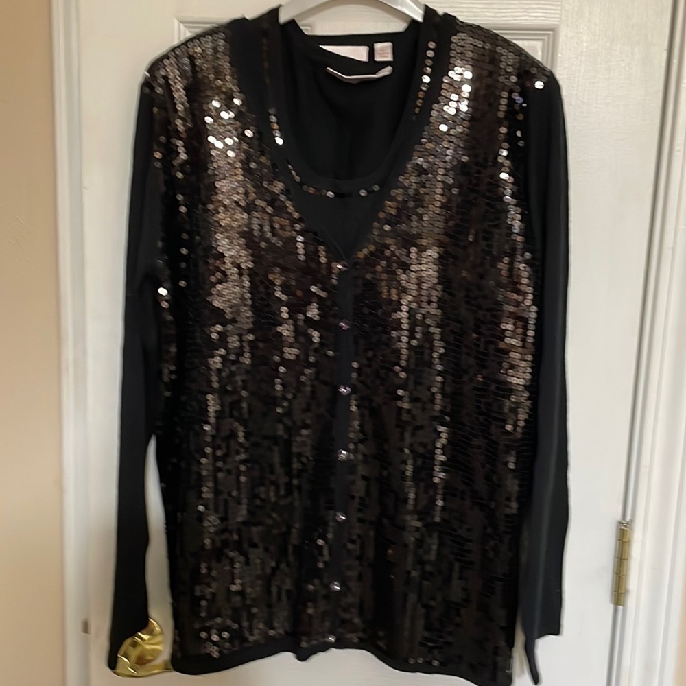 QUACKER Factory SET sequin cardigan and shell set. NWT L Black